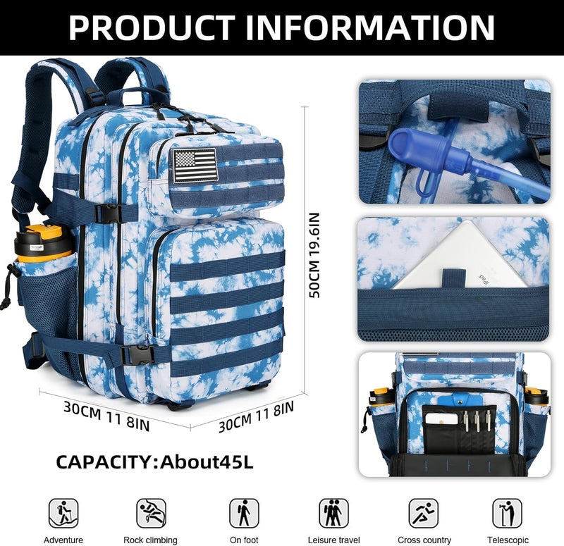 Lovelinks21 45L Tactical Assault Backpack 3 day assault pack with Molle Waterproof backpack Rucksack for Tactical Backpacks (Blue coral) - Image 3